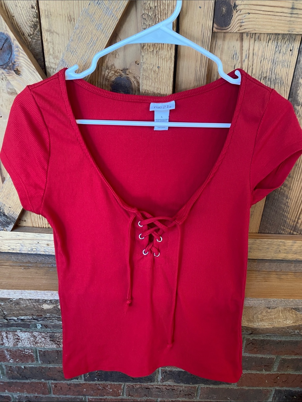 Rue21 Red Ribbed Lace-Up Short Sleeve Top juniors large NWOT